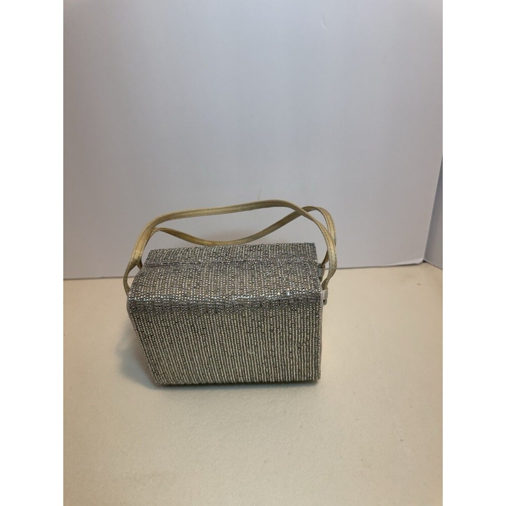 Vintage Silver Beaded Box Purse | Structured Evening Handbag with Strap